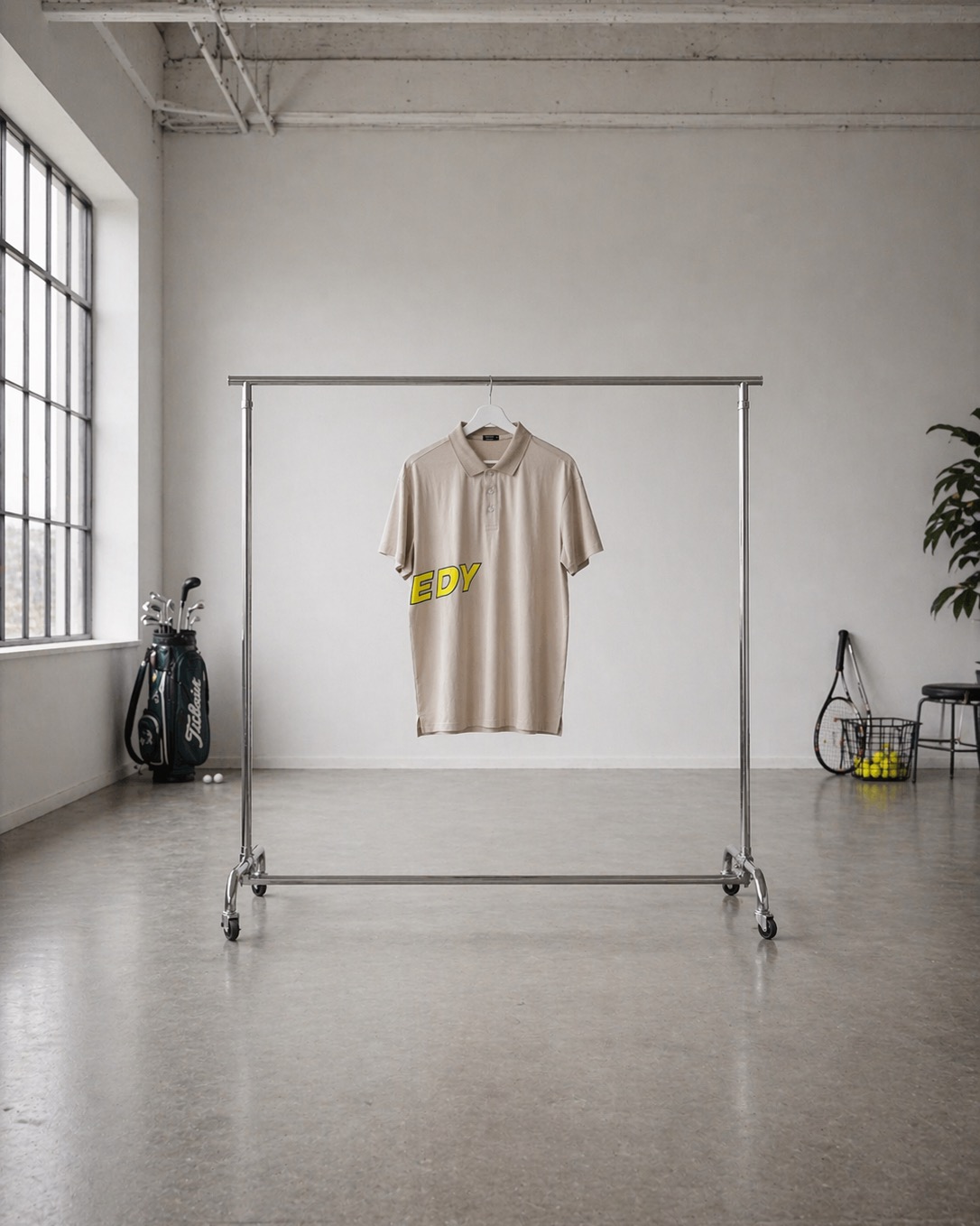 Zoomed-out studio product shot of the cream SPEEDY polo hanging on a rack with golf and tennis gear in the room